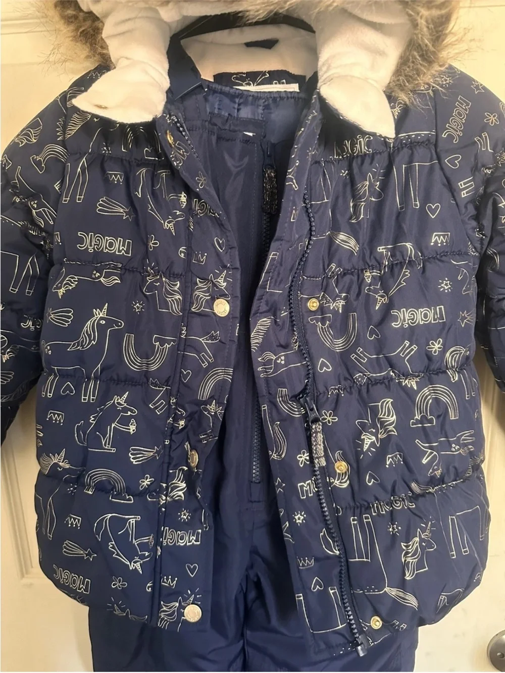 Carters girls Navy Blue Kids Puffer Snowsuit with Hood and Faux Fur Trim 5/6